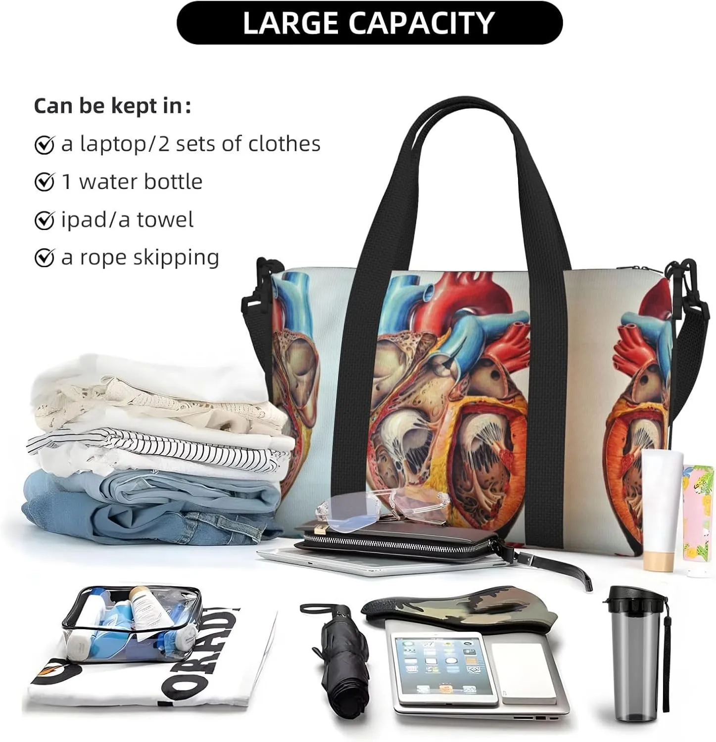 Human Anatomy Heart Chart Hand Travel Bag For Men Women,Stylish Handheld Crossbody Travel Bag For Business Leisure Trave