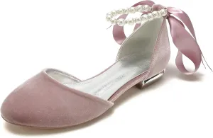 Hyinlays Women's Velvet Pumps Ankle Strap Closed Toe Flats with Pearls Wedding Comfort Low Heel Evening Dress Work Shoes