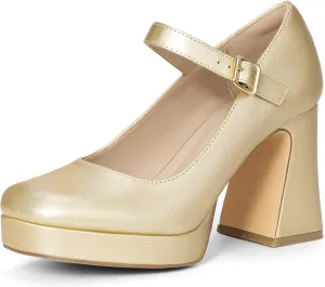 IDIFU IN4 Platform Mary Jane Shoes Women's Pumps High Chunky Square Closed Toe Heels Block Ankle Strap Work Wedding Prom Comfortable Dress Shoe Dressy Cute Trendy Vintage Heel Pump Shoes
