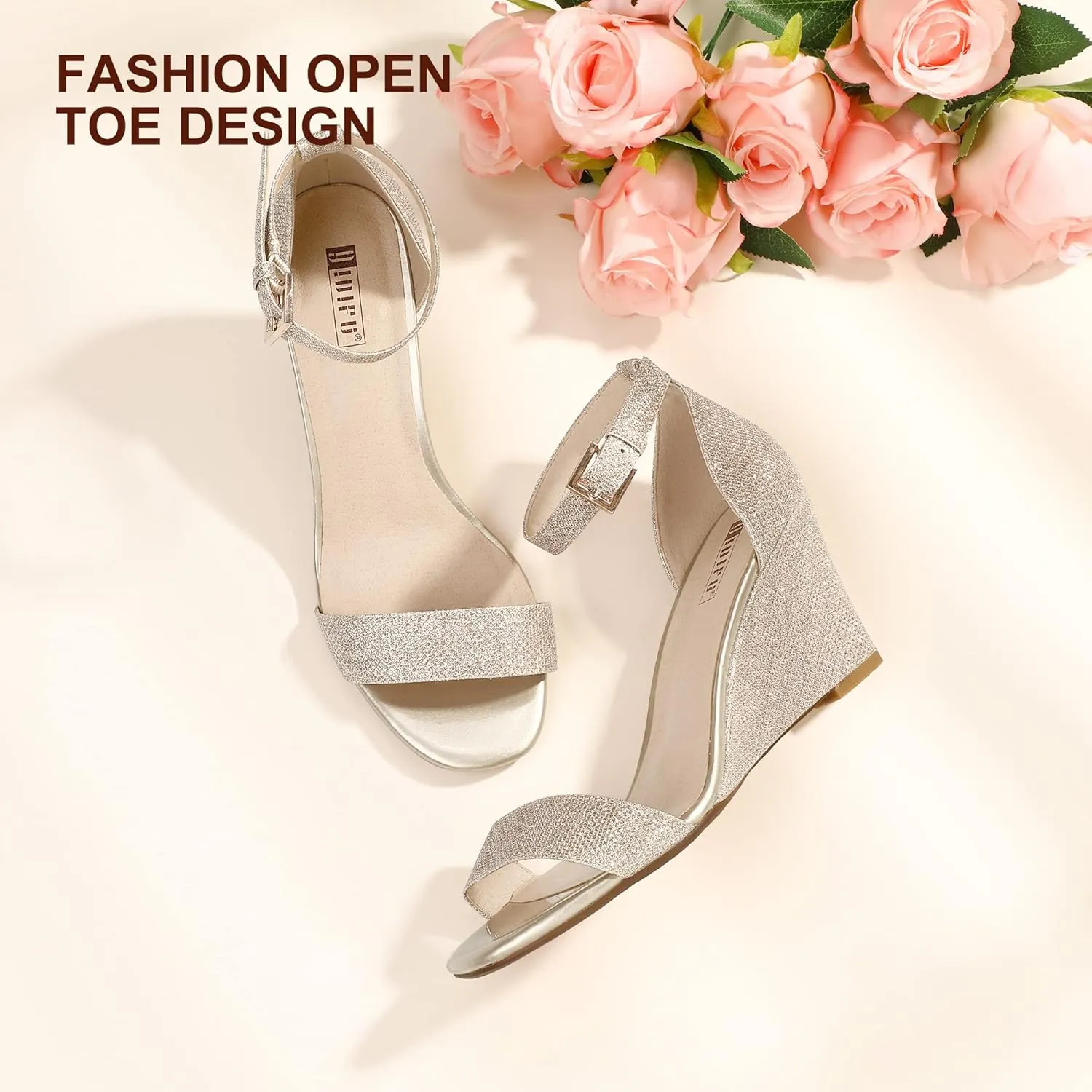 IDIFU Women's Classic Wedge Heels Sandals 3 Inch Ankle Strap Open Toe Evening Dress Wedding Shoes