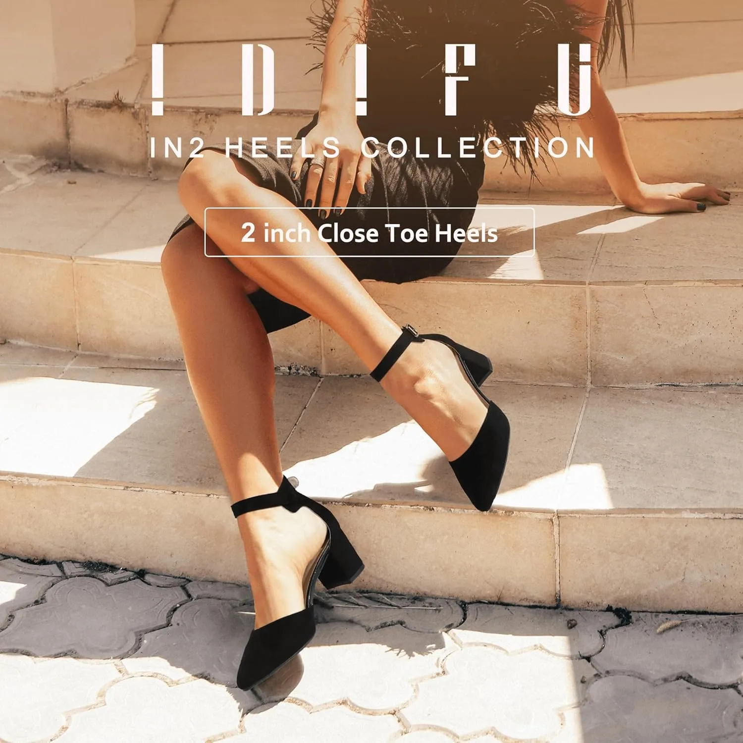 IDIFU Women's IN2 Pedazo Dress Shoes Low Block Heels Comfortable Chunky Closed Toe Ankle Strap Wedding Pumps