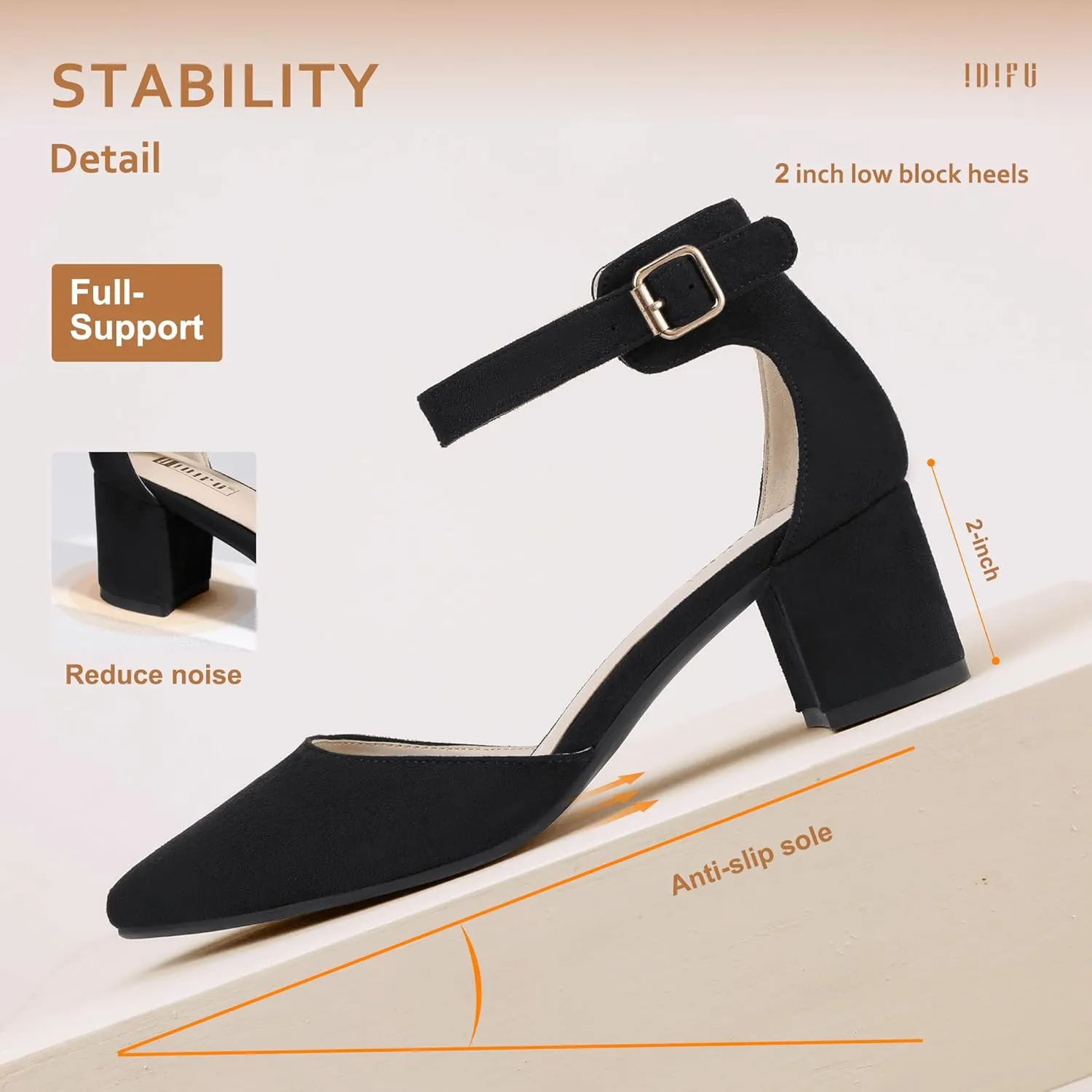 IDIFU Women's IN2 Pedazo Dress Shoes Low Block Heels Comfortable Chunky Closed Toe Ankle Strap Wedding Pumps