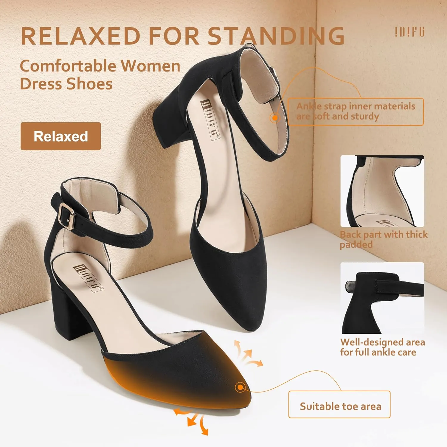 IDIFU Women's IN2 Pedazo Dress Shoes Low Block Heels Comfortable Chunky Closed Toe Ankle Strap Wedding Pumps