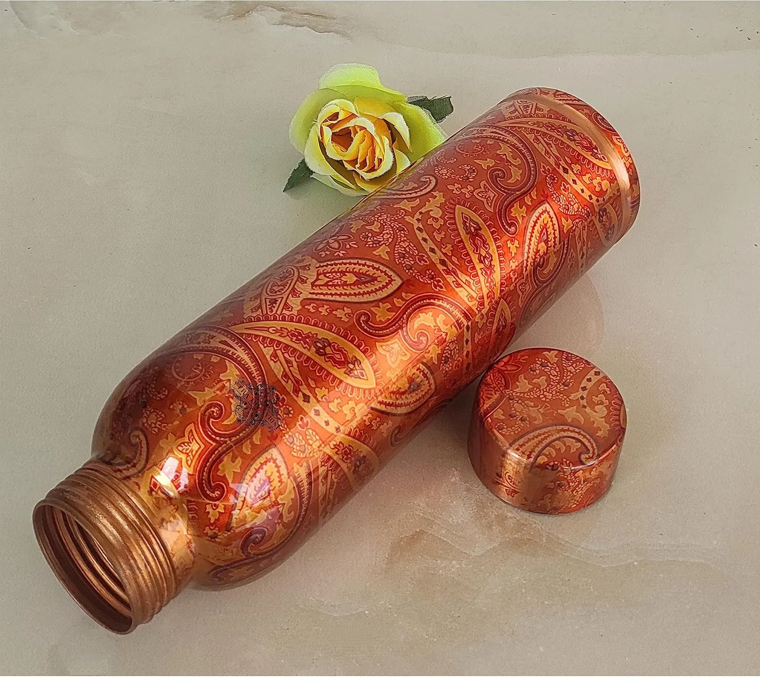 Indian Art Villa Copper Water Bottle with Fiery Marble Print, Leak-Proof Lid, Durable & Stylish Drinkware for Home, Office, Gym, Travel & Outdoor Use, Volume- 30 Oz