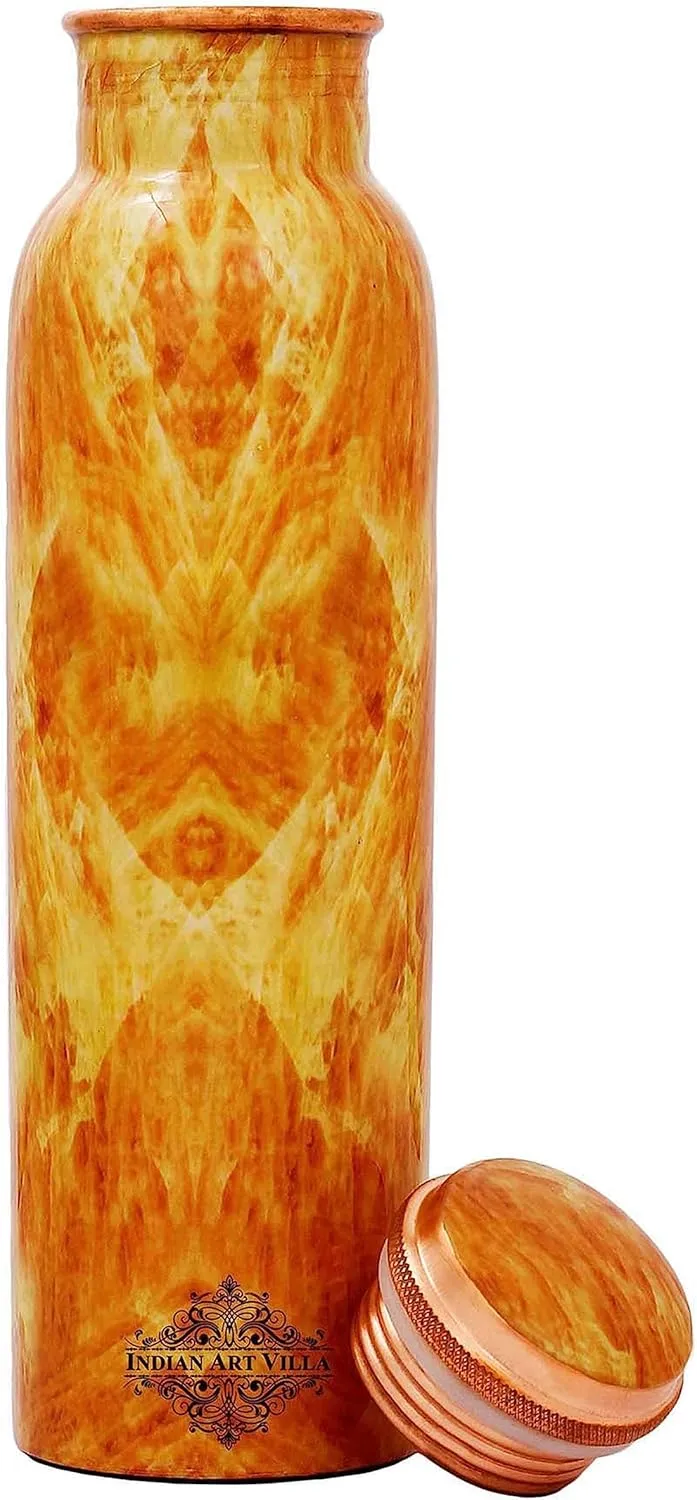 Indian Art Villa Copper Water Bottle with Fiery Marble Print, Leak-Proof Lid, Durable & Stylish Drinkware for Home, Office, Gym, Travel & Outdoor Use, Volume- 30 Oz