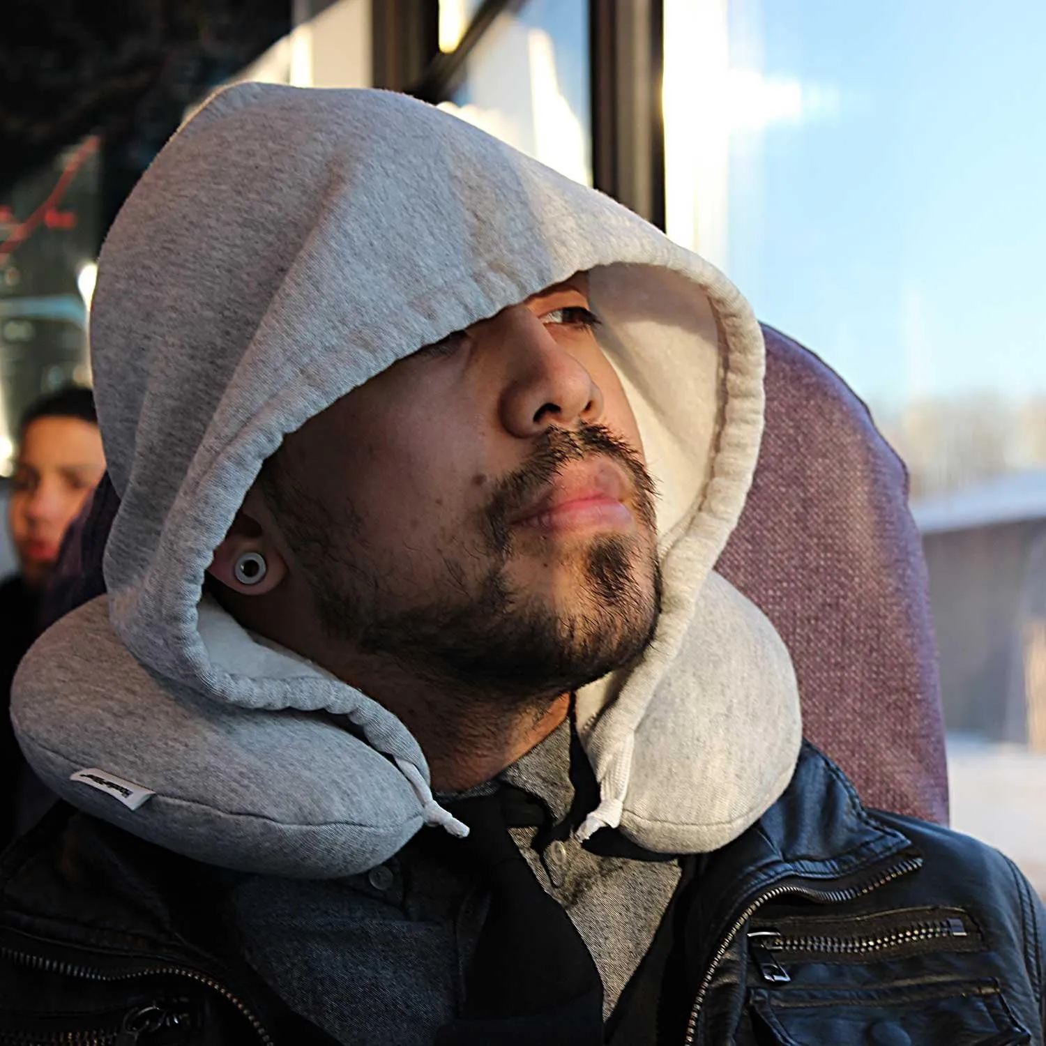 Inflatable Neck Pillow for Airplane Travel, Car, Train or Relaxing at Home. Compact, Comfortable for Your Neck and Includes Privacy Hood - Gray