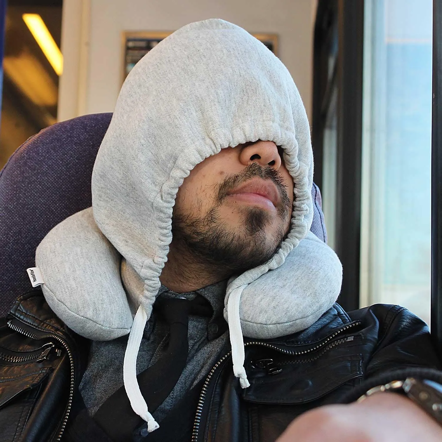Inflatable Neck Pillow for Airplane Travel, Car, Train or Relaxing at Home. Compact, Comfortable for Your Neck and Includes Privacy Hood - Gray