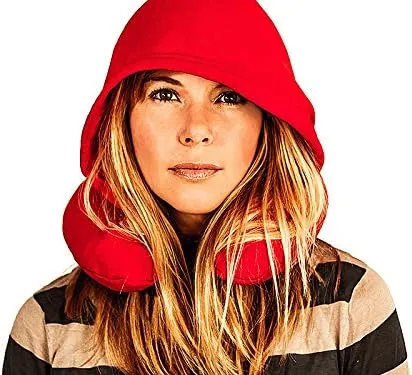 Inflatable Neck Pillow for Airplane Travel, Car, Train or Relaxing at Home. Compact, Comfortable for Your Neck and Includes Privacy Hood - Red