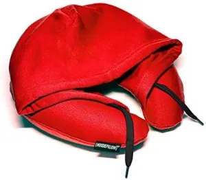 Inflatable Neck Pillow for Airplane Travel, Car, Train or Relaxing at Home. Compact, Comfortable for Your Neck and Includes Privacy Hood - Red