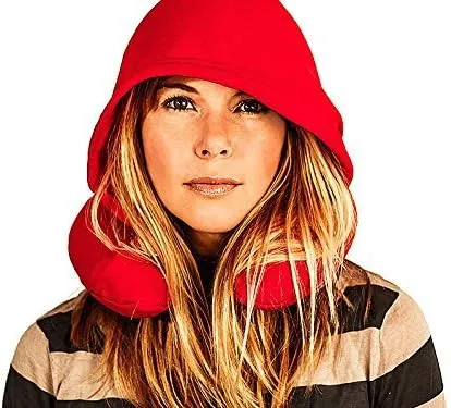 Inflatable Neck Pillow for Airplane Travel, Car, Train or Relaxing at Home. Compact, Comfortable for Your Neck and Includes Privacy Hood - Red