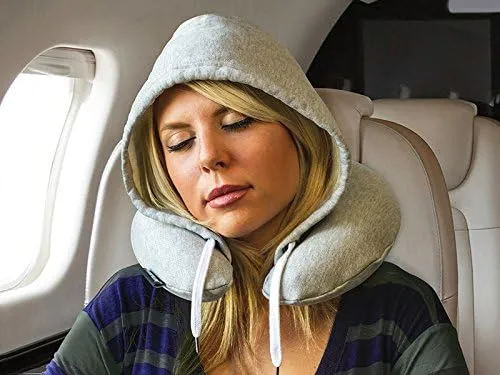 Inflatable Neck Pillow for Airplane Travel, Car, Train or Relaxing at Home. Compact, Comfortable for Your Neck and Includes Privacy Hood - Red
