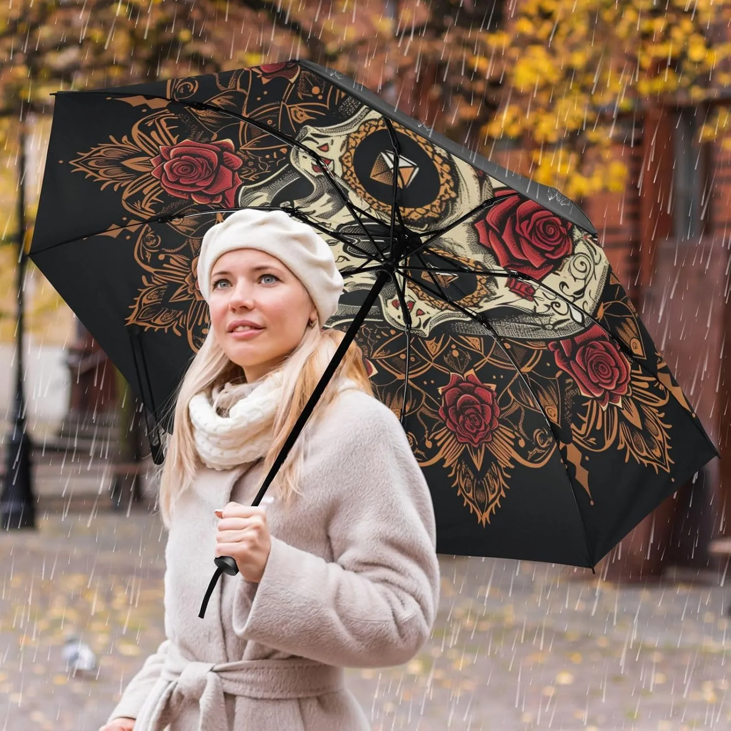 Inverted Umbrella, Windproof UV Protection Sun RainAutomatic Umbrella Compact Umbrella Reverse Umbrella for Women Men, Travel Folding Umbrella with Cover Bag