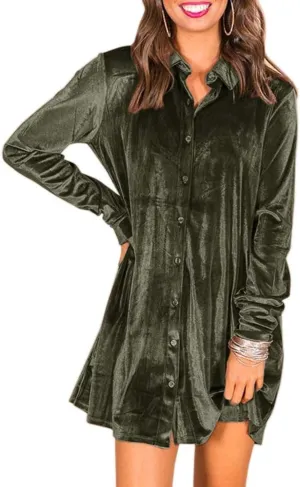 Ivay Women's Spring Button Down Tshirt Dresses Velvet Tunic Dress with Pockets