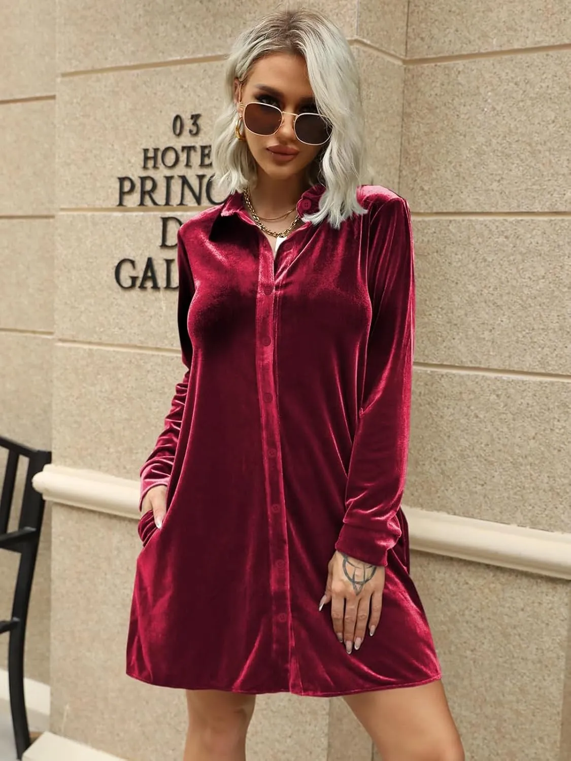 Ivay Women's Spring Button Down Tshirt Dresses Velvet Tunic Dress with Pockets