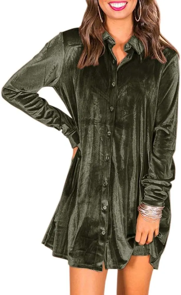 Ivay Women's Spring Button Down Tshirt Dresses Velvet Tunic Dress with Pockets