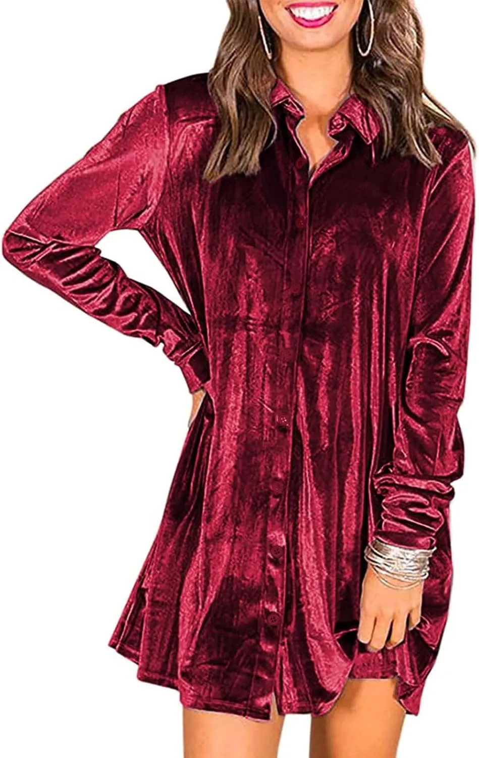 Ivay Women's Spring Button Down Tshirt Dresses Velvet Tunic Dress with Pockets