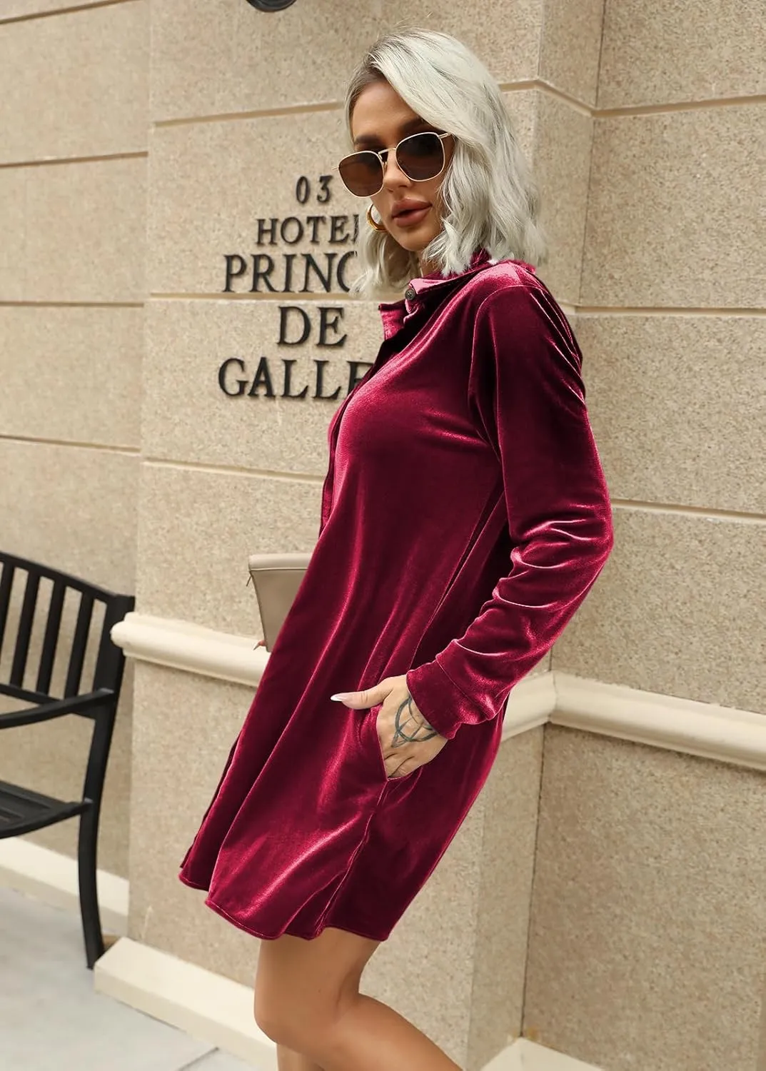 Ivay Women's Spring Button Down Tshirt Dresses Velvet Tunic Dress with Pockets