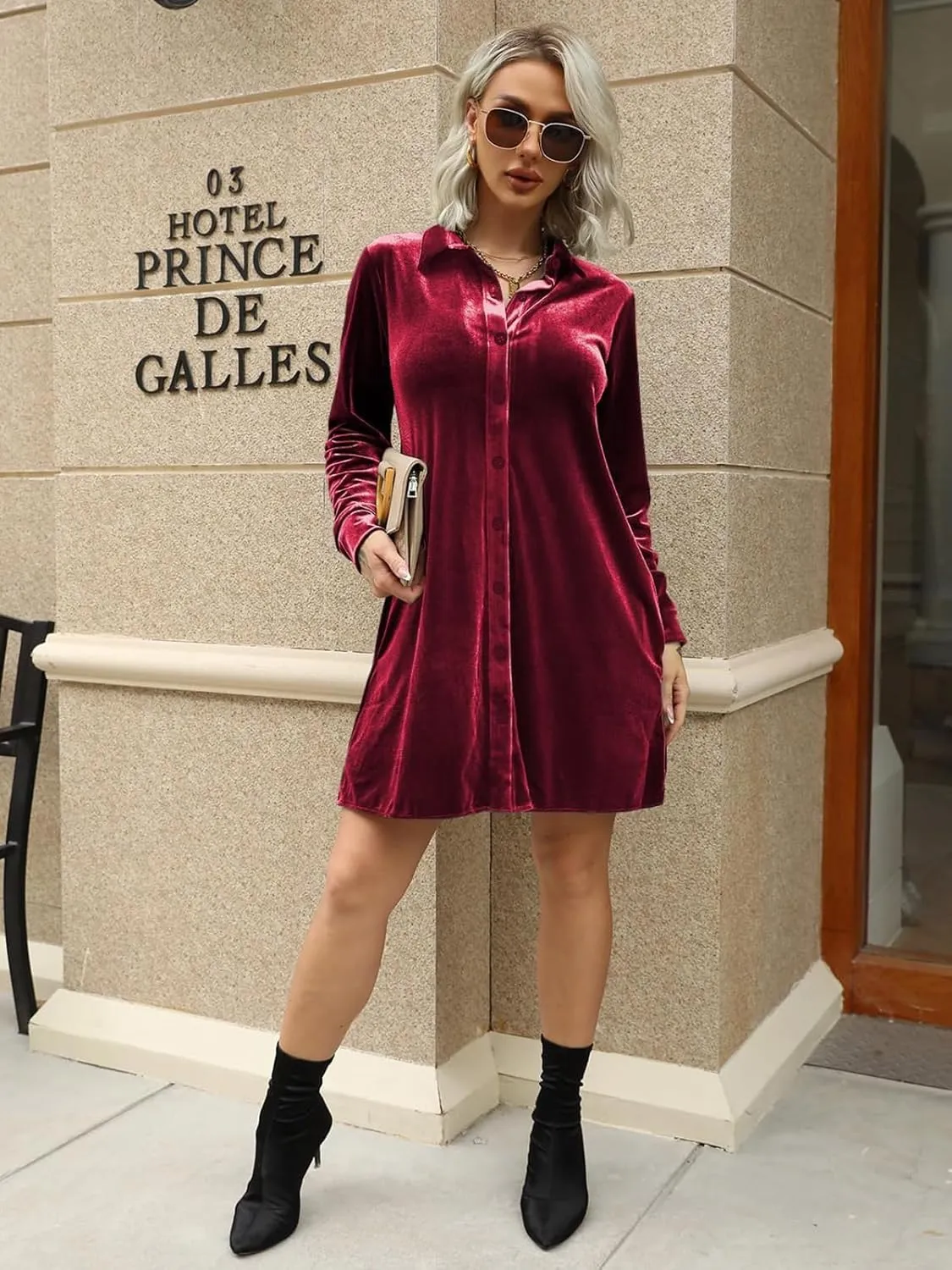 Ivay Women's Spring Button Down Tshirt Dresses Velvet Tunic Dress with Pockets