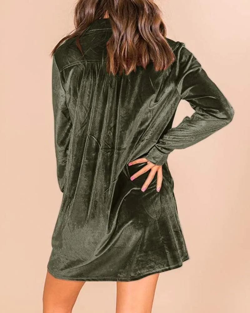 Ivay Women's Spring Button Down Tshirt Dresses Velvet Tunic Dress with Pockets