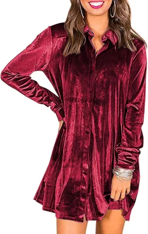 Ivay Women's Spring Button Down Tshirt Dresses Velvet Tunic Dress with Pockets