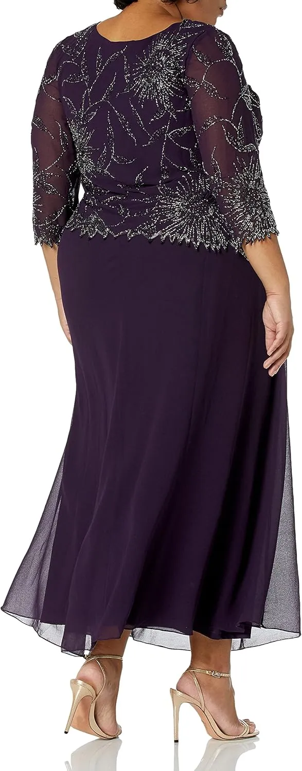 J Kara Plus Size Womens Scoop Neck Line with 3/4 Sleeve Beaded Top Long Dress