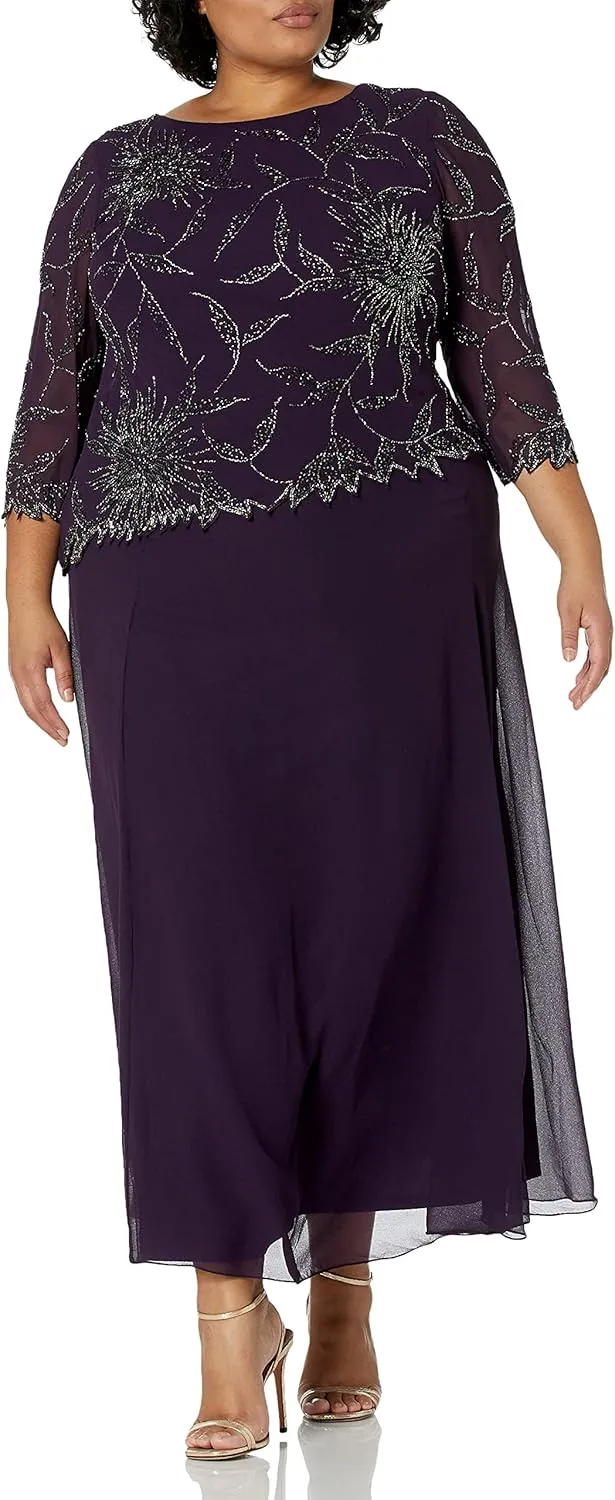 J Kara Plus Size Womens Scoop Neck Line with 3/4 Sleeve Beaded Top Long Dress
