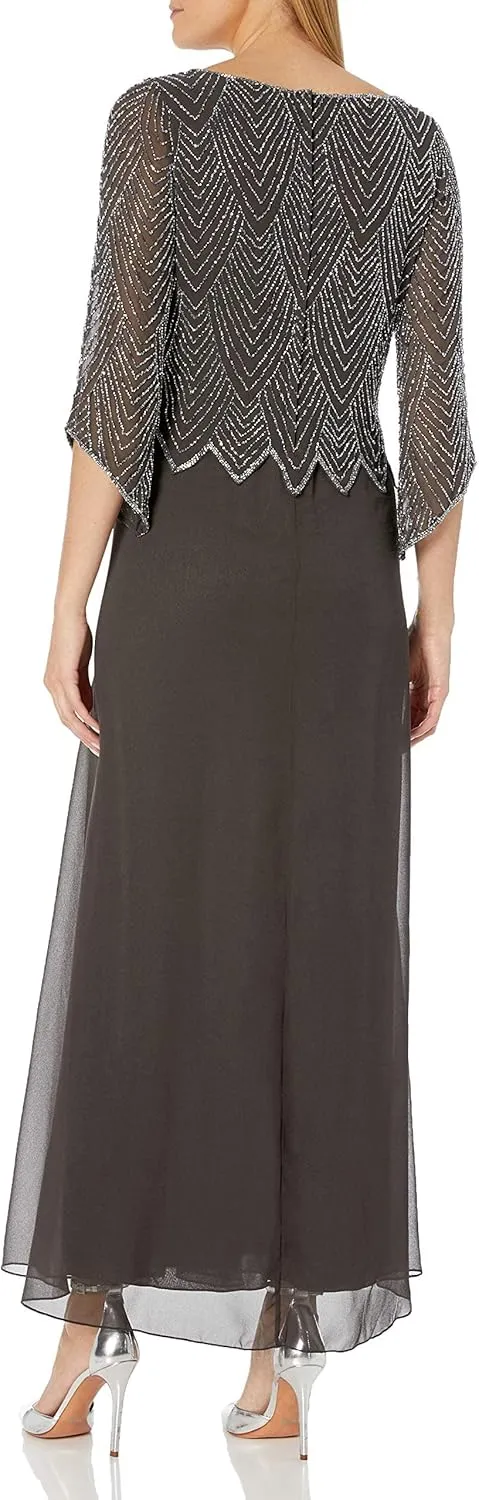 J Kara Plus Size Womens Scoop Neck Line with 3/4 Sleeve Beaded Top Long Dress