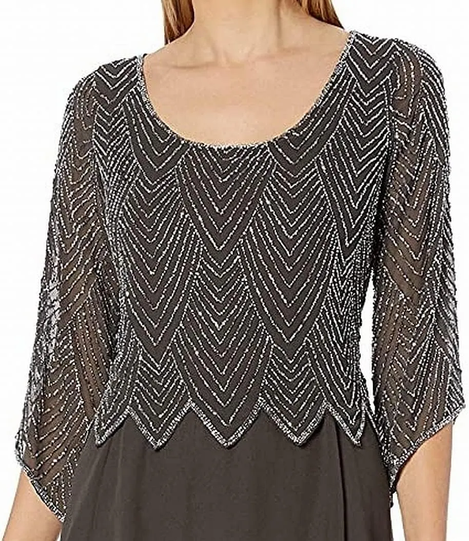 J Kara Plus Size Womens Scoop Neck Line with 3/4 Sleeve Beaded Top Long Dress