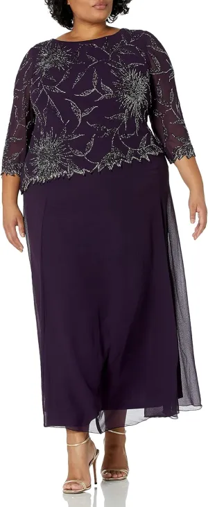 J Kara Plus Size Womens Scoop Neck Line with 3/4 Sleeve Beaded Top Long Dress