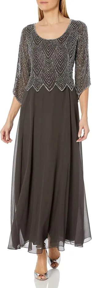 J Kara Plus Size Womens Scoop Neck Line with 3/4 Sleeve Beaded Top Long Dress