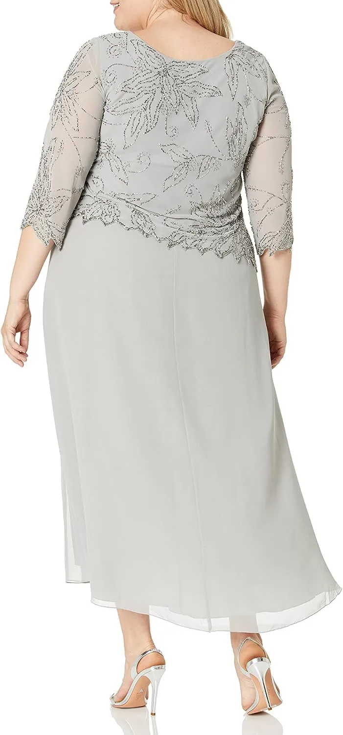 J Kara Plus Size Womens Sheer Sleeve Floral Beaded Long Dress