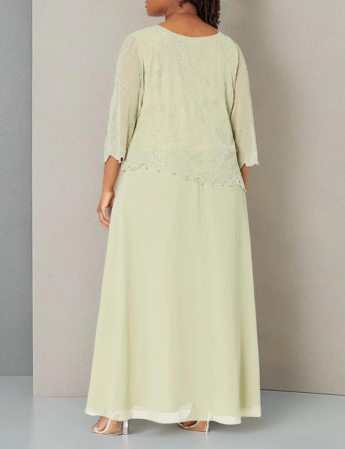 J Kara Plus Size Womens Sheer Sleeve Floral Beaded Long Dress