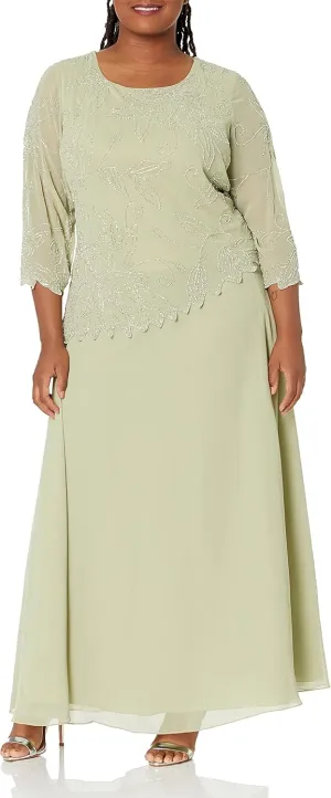 J Kara Plus Size Womens Sheer Sleeve Floral Beaded Long Dress