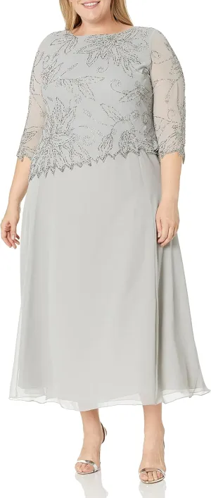J Kara Plus Size Womens Sheer Sleeve Floral Beaded Long Dress