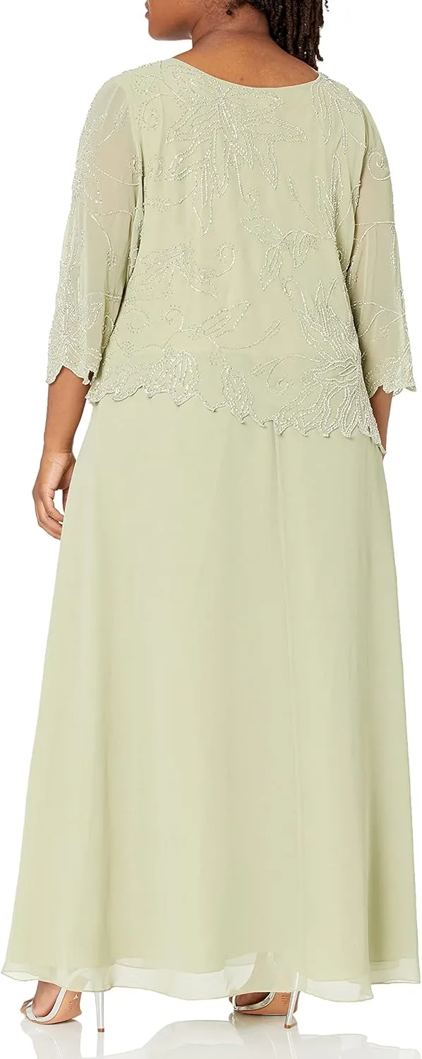 J Kara Plus Size Womens Sheer Sleeve Floral Beaded Long Dress