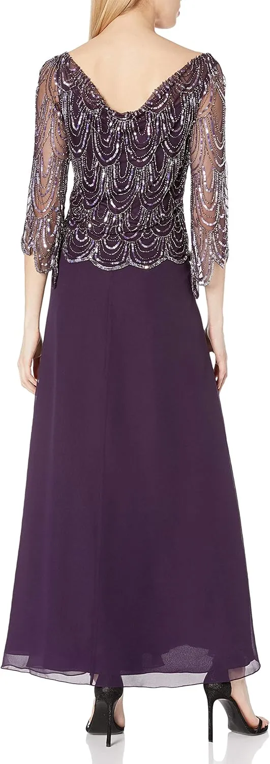 J Kara Women's 3/4 Scallop Beaded Pop Over Gown