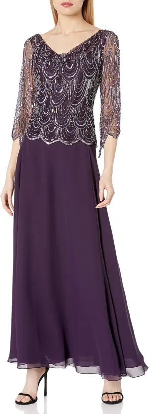 J Kara Women's 3/4 Scallop Beaded Pop Over Gown