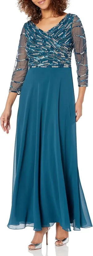 J Kara Women's 3/4 Sleeve Top Beaded Bodice Gown