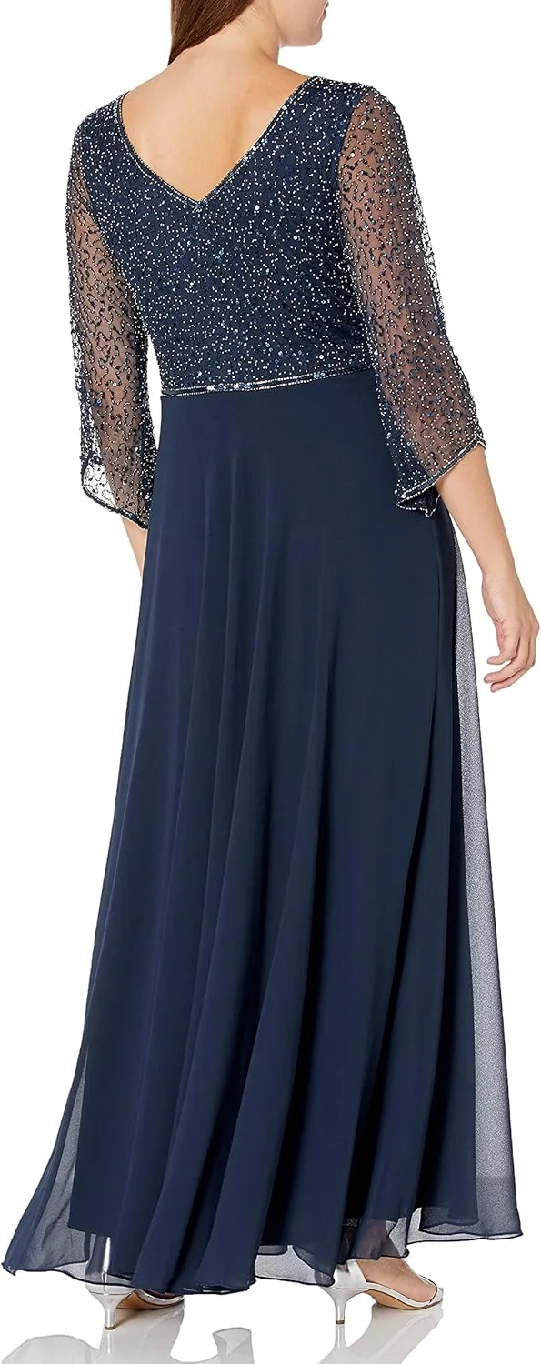 J Kara Women's 3/4 Sleeve V-Neck Beaded Top Long Gown