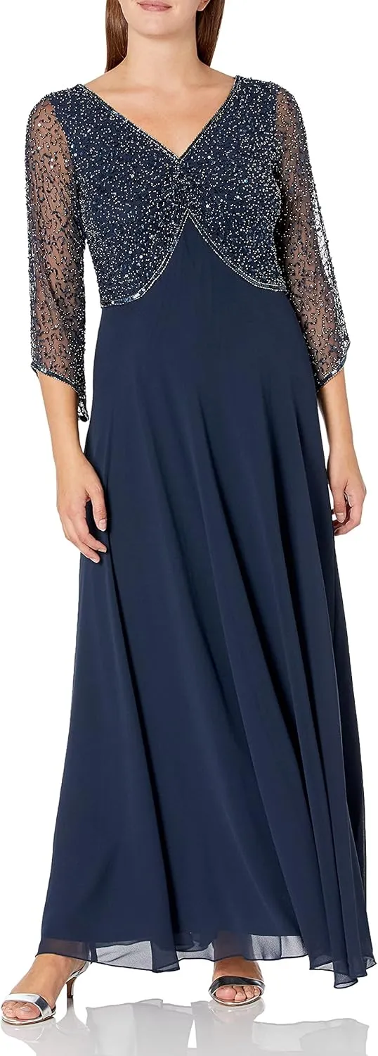 J Kara Women's 3/4 Sleeve V-Neck Beaded Top Long Gown