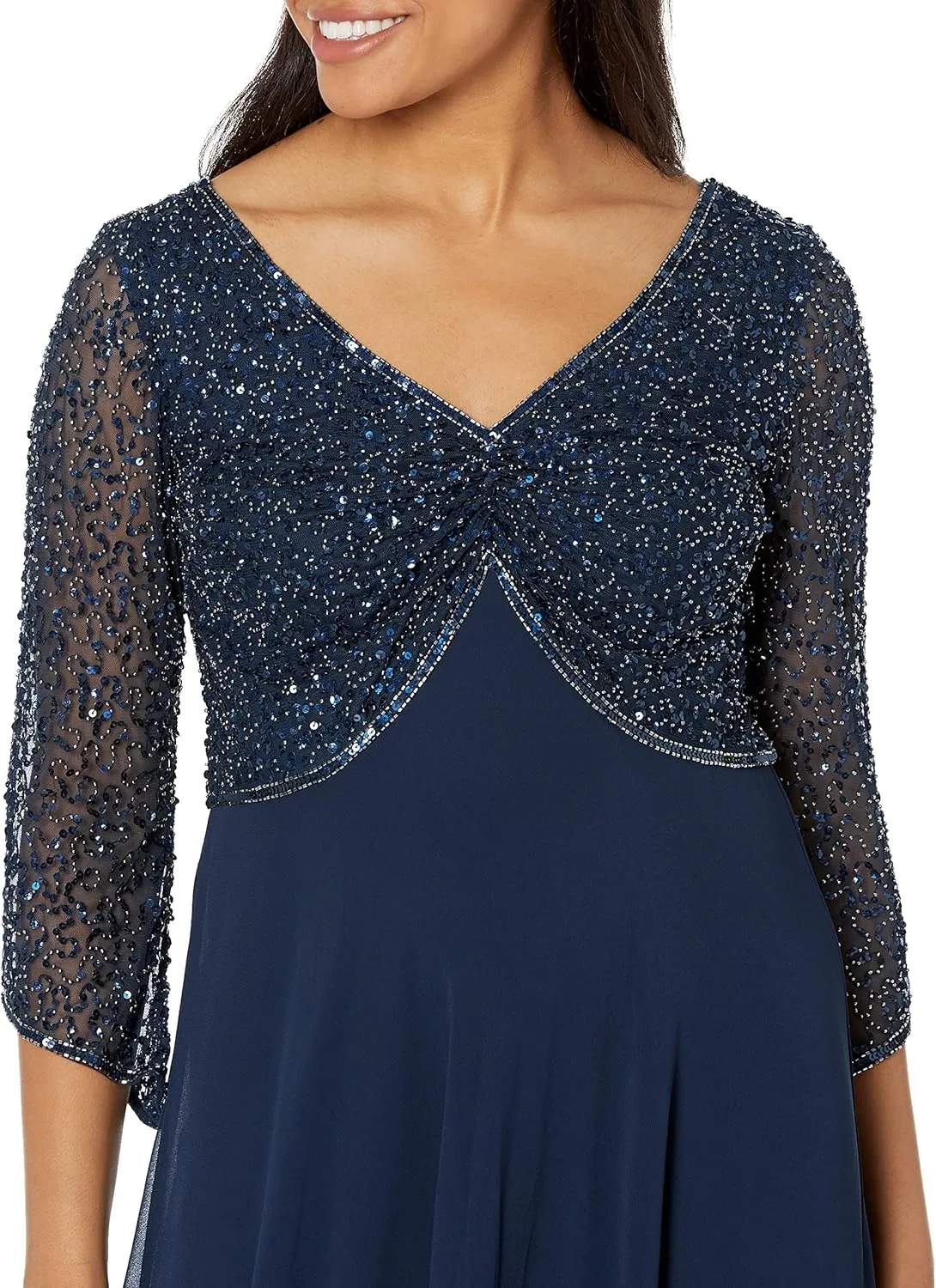 J Kara Women's 3/4 Sleeve V-Neck Beaded Top Long Gown