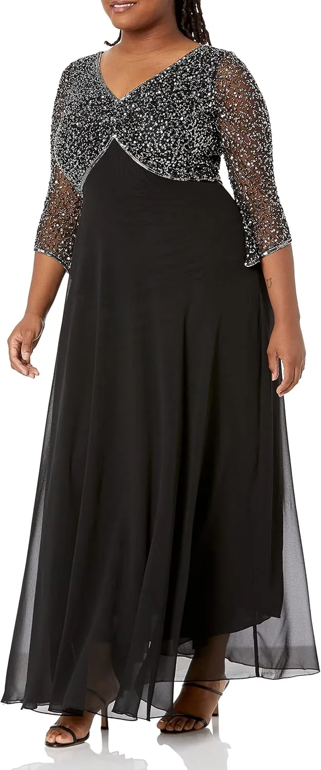 J Kara Women's 3/4 Sleeve V-Neck Beaded Top Long Gown