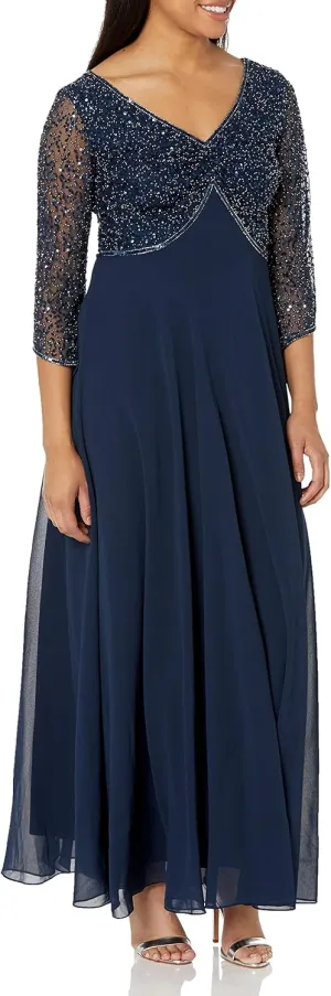 J Kara Women's 3/4 Sleeve V-Neck Beaded Top Long Gown