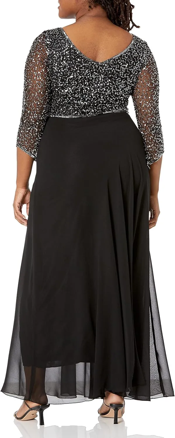 J Kara Women's 3/4 Sleeve V-Neck Beaded Top Long Gown