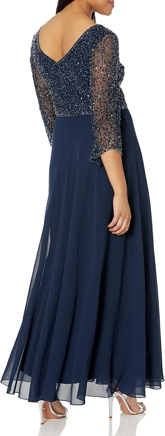 J Kara Women's 3/4 Sleeve V-Neck Beaded Top Long Gown