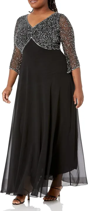 J Kara Women's 3/4 Sleeve V-Neck Beaded Top Long Gown