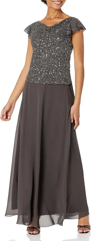 J Kara Women's Beaded Cowl Neck Flutter Sleeve Long Gown