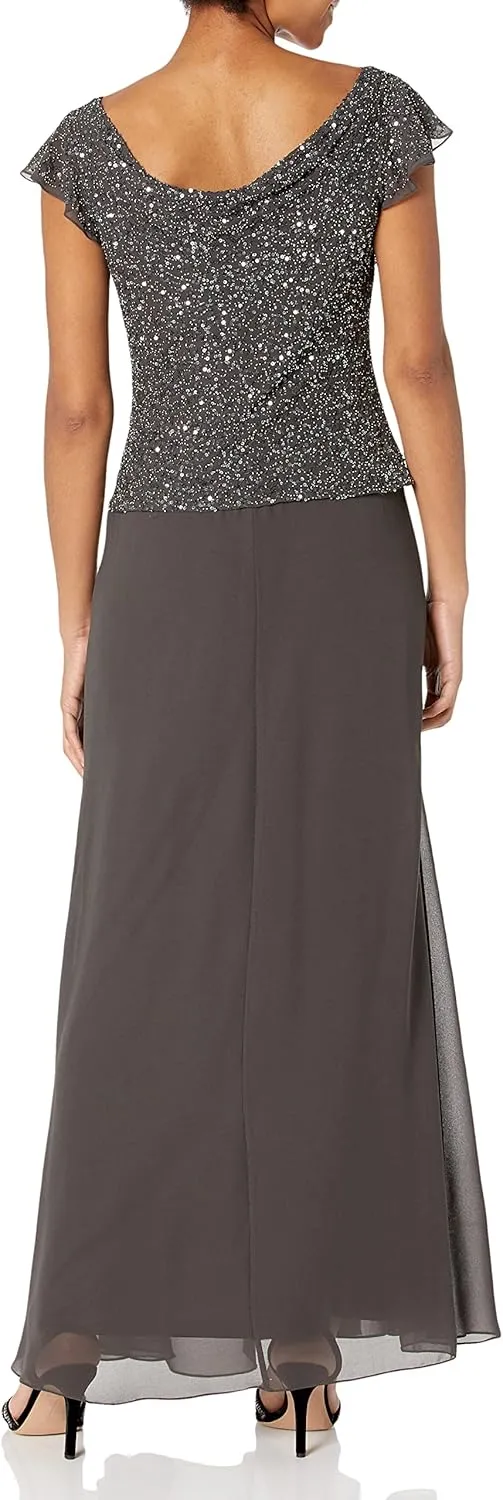 J Kara Women's Beaded Cowl Neck Flutter Sleeve Long Gown
