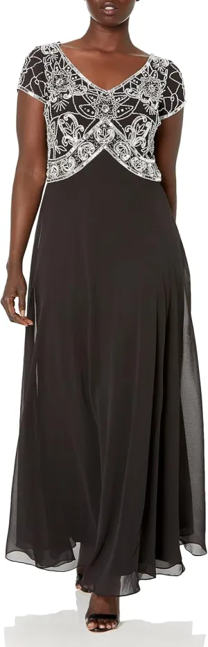 J Kara Women's Cap Sleeve V-Neck Beaded Top Gown
