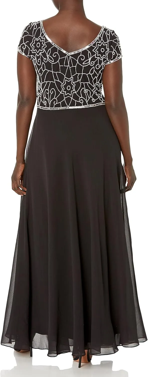 J Kara Women's Cap Sleeve V-Neck Beaded Top Gown